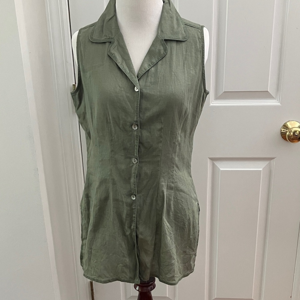 GAP Olive Button-Down Sleeveless Shirt Sz S